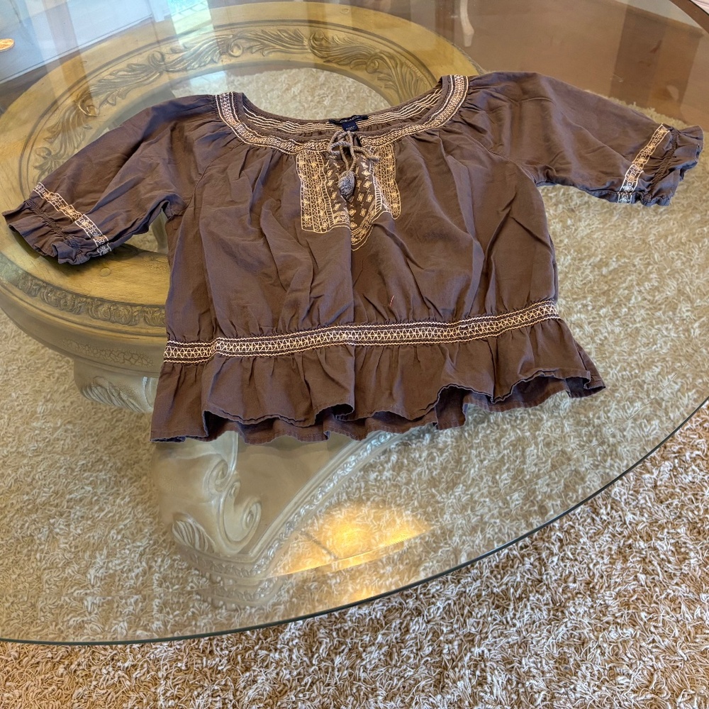 BandolinoBlu Grey Boho Women's Shirt with Embroidery, Size LARGE